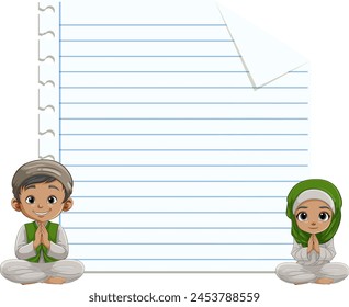 Ilustración de niños rezando con papel forrado vacío