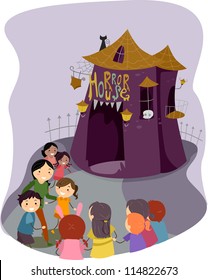 Illustration of Kids Preparing to Go Inside a Horror House