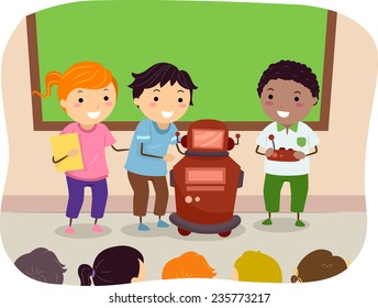Illustration of Kids Presenting the Robot They Invented in Class