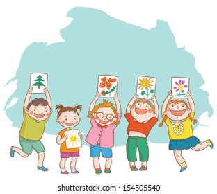 Illustration of Kids Presenting their Art Works.Back to School isolated objects on white background. Great illustration for a school books and more. VECTOR. Editorial. Education. Advertising. Board.