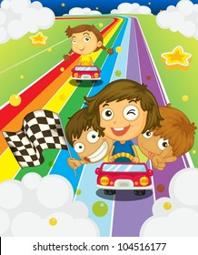 Illustration of kids racing on a rainbow