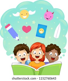 Ilustración de niños leyendo un gran libro de fábulas con lápiz, ángel, diablo, corazón y elementos de plumas