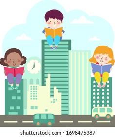 Illustration of Kids Reading a Book About their City with Buildings, Road and Cars