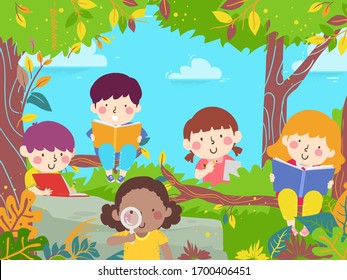 Illustration of Kids Reading a Book and Exploring Nature Outdoors