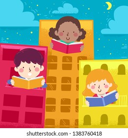 Illustration of Kids Reading a Book from Inside a Building at Night