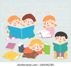 Illustration of Kids Reading Books in the Book Corner of a Classroom