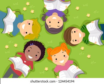 Illustration of Kids Reading Books in an Open Field