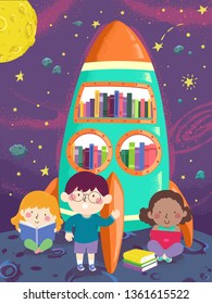 Illustration of Kids Reading Books in an Outer Space Themed Library