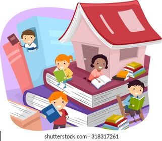 Illustration of Kids Reading Books While Sitting on Giant Ones