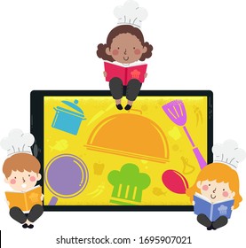 Illustration Of Kids Reading A Cooking Or Recipe Book With A Tablet Computer With Cooking Design On Screen