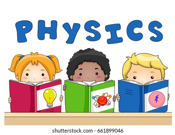 Illustration von Kindern beim Lesen verschiedener Physikbücher in der Klasse