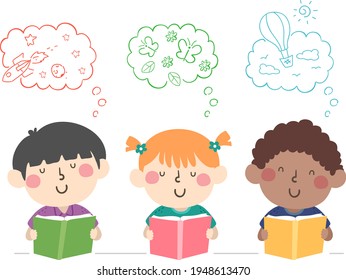 Ilustración de niños leyendo cada lectura de un libro y con imaginación de garabatos pensando en la nube