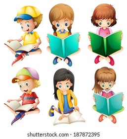 Illustration of the kids reading on a white background