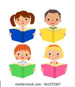 Illustration of the kids reading on a white background