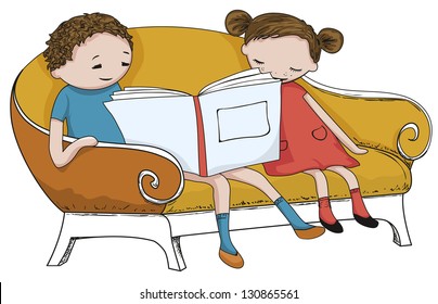 Illustration of kids reading open book sitting on sofa