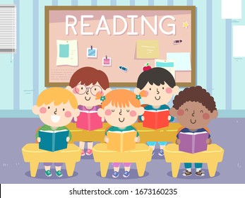 Illustration of Kids Reading and Sitting Down in Class with Bulletin Board Behind