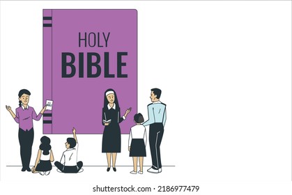 Illustration Of Kids Reading And Studying The Bible With Their Teacher. One Man Come With Their Daughter To Teach Holly Bible. Big HOLLY BIBLE Book