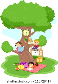 Illustration Of Kids Reading In A Treehouse