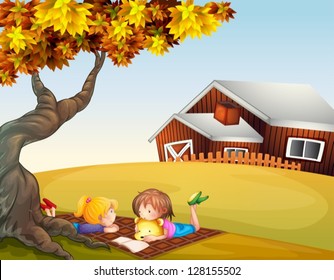 Illustration of kids reading under a big tree