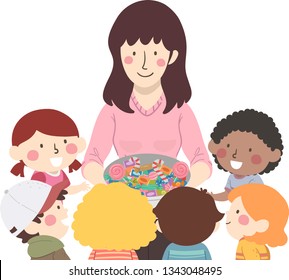 Illustration of Kids Receiving Chocolate Candies and Treats from their Teacher