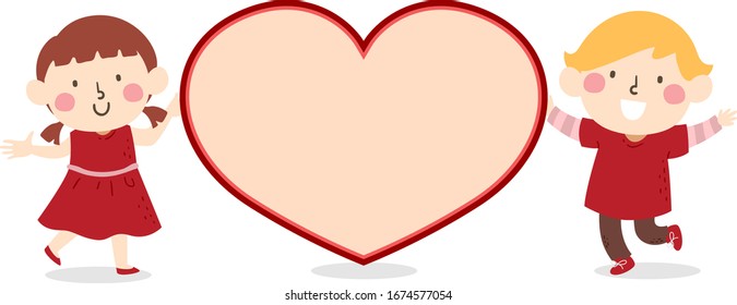 Illustration of Kids in Red Clothes Holding a Big Valentine Heart Shape Card Frame