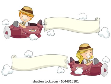 Illustration of Kids Riding Airplane with Blank Banner Going Right and Left