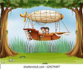 Illustration of kids riding in an airship