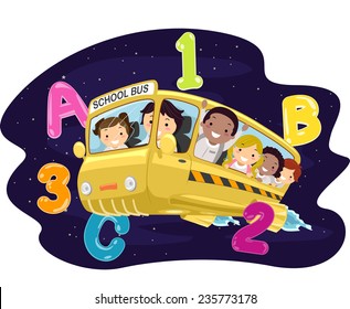 Illustration von Kindern, die einen Bus im Weltraum fahren