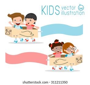 Illustration of Kids Riding cardboard airplane with Banners Attached to Them, kids playing, happy child, Vector Illustration
