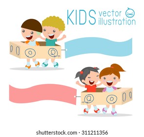 Illustration of Kids Riding cardboard car  with Banners Attached to Them, kids playing, happy child, Vector Illustration