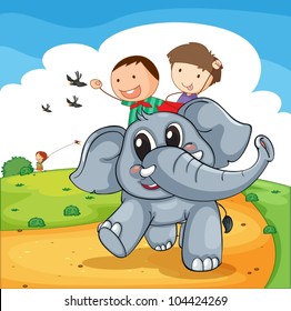 Illustration of kids riding an elephant