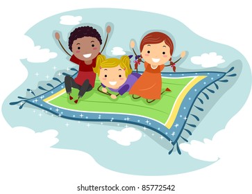 Illustration of Kids Riding a Flying Carpet