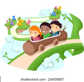 Illustration of Kids Riding a Hollow Log Down a Giant Vine