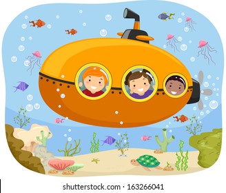 Illustration of Kids Riding a Mini Submarine