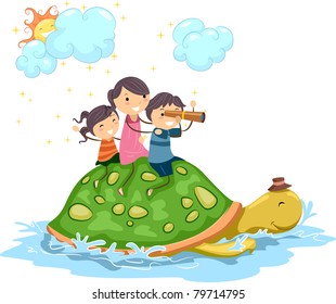 Illustration of Kids Riding on a Giant Turtle