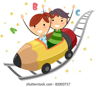 Illustration of Kids Riding on a Pencil Ride