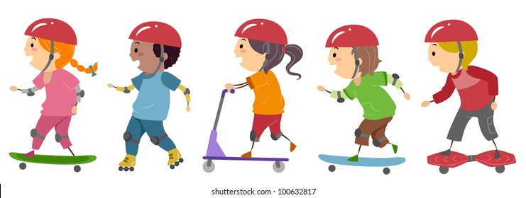 Illustration of Kids Riding on Skateboards