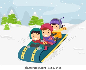 Illustration of Kids Riding on a Snow Sled