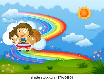 Illustration of the kids riding on a vehicle passing through the rainbow