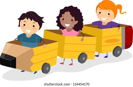 Illustration of Kids Riding Pencil Shaped Carriages Made from Cardboard