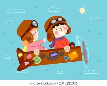 Illustration Of Kids Riding A Retro Suitcase Fantasy Airplane Flying Against Doodle Clouds