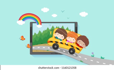 Illustration Of Kids Riding School Bus Into A Scene Inside A Computer Tablet. Virtual Field Trip