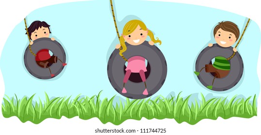 Illustration of Kids Riding Swings Made from Tires