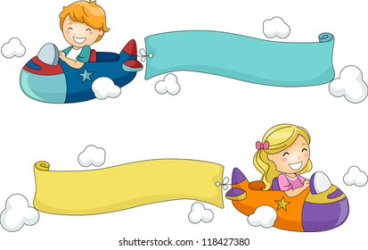 Illustration of Kids Riding Toy Airplanes with Banners Attached to Them