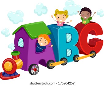 Illustration of Kids Riding in Train Coaches Shaped Like Letters of the Alphabet