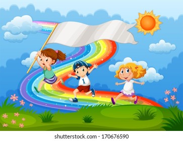 Illustration of the kids running with an empty banner and a rainbow in the sky