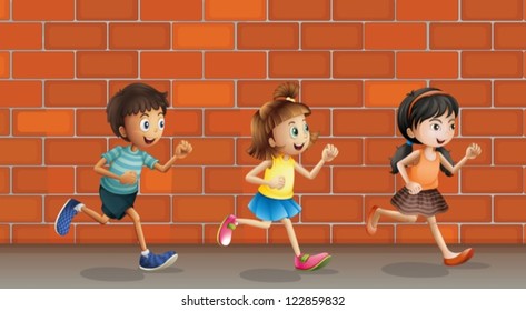 Illustration of kids running in front of wall
