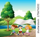 Illustration of the kids running near the riverbank while bringing an empty banner