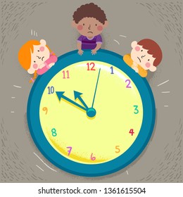 Illustration of Kids Sad and Waiting with a Big Clock