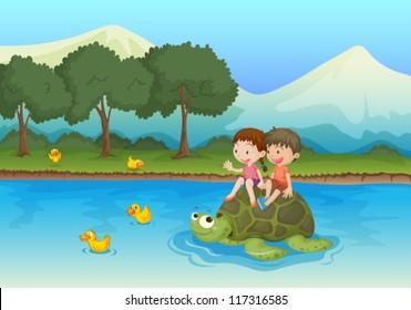illustration of kids sailing on a tortoise in water